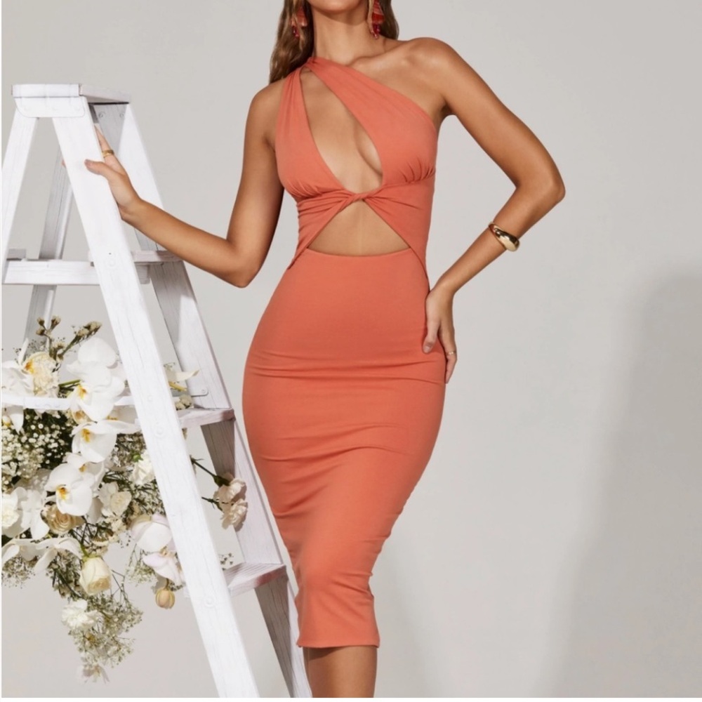 Oh Polly One-Shoulder Dress in Coral
